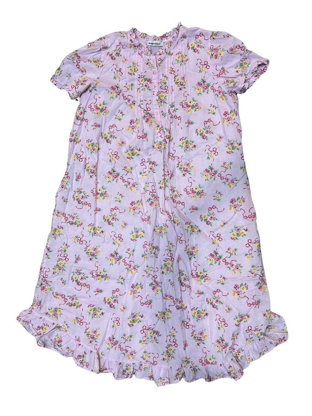 Women’s Light Pink Short Sleeve 100% Cotton Floral Nightgown with Ruffles